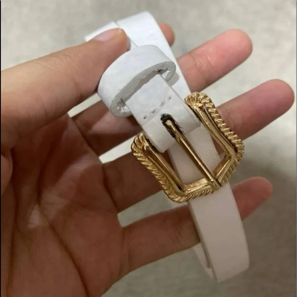 New White Faux Leather Everyday Wear Belt With Gold Tone Engraved Buckle